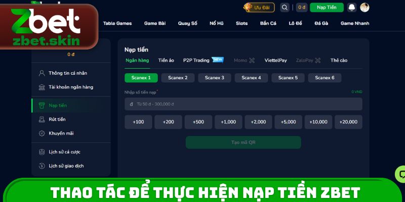 Thao tác để thực hiện nạp tiền ZBET